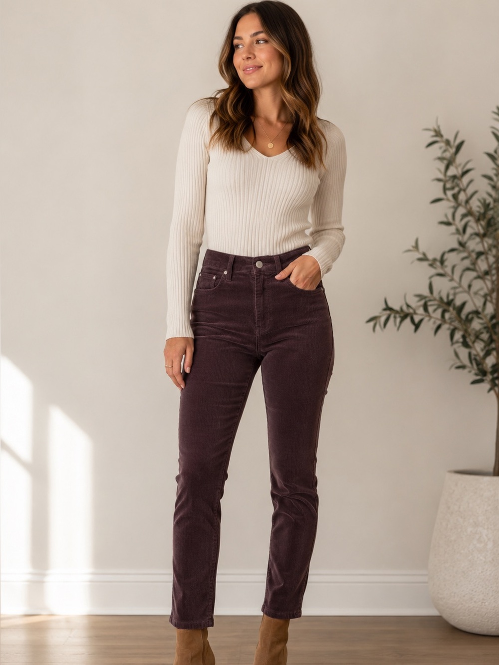 AG Jeans x Anthropologie Stevie High Rise Corduroy Pants Plum 25R